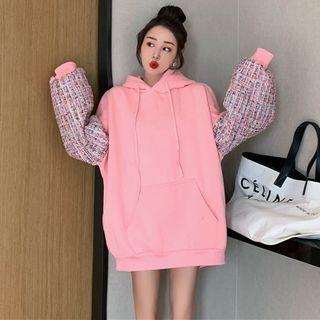 Panel Sleeve Front Pocket Hooded Sweatshirt Pink - One Size