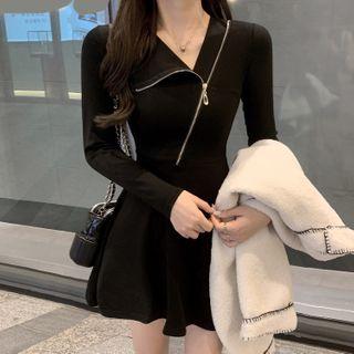 Front-zip Long-sleeve Mini A-line Dress Black - One Size