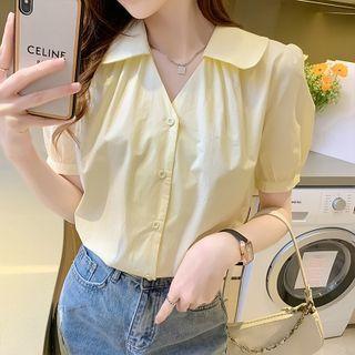 Puff-sleeve Plain V-neck Shirt