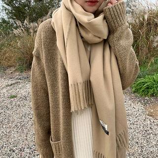 Fringed Wool Knit Scarf Beige - One Size