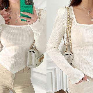 Square-neck Asymmetric-hem Ribbed Top Ivory - One Size