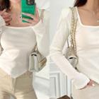 Square-neck Asymmetric-hem Ribbed Top Ivory - One Size