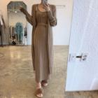 Spaghetti Strap Cable Knit Midi Dress / Open Front Long Cardigan