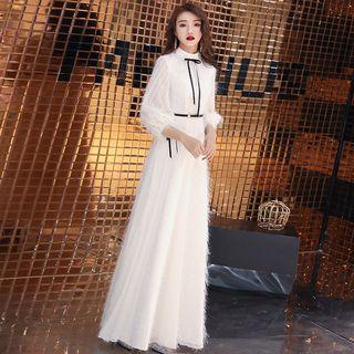3/4-sleeve Feathered A-line Evening Gown