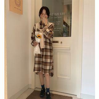Set: Long-sleeve Plaid Midi Shirt Dress + Knit Scarf With Scarf - As Shown In Figure - One Size