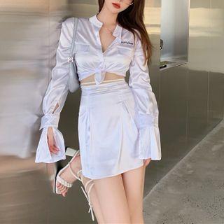 Cropped Plain Long-sleeve Shirt / High-waist Plain Short Skirt