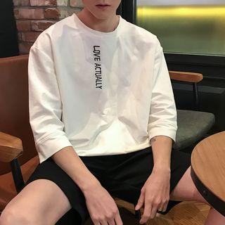 Lettering 3/4-sleeve Asymmetrical T-shirt