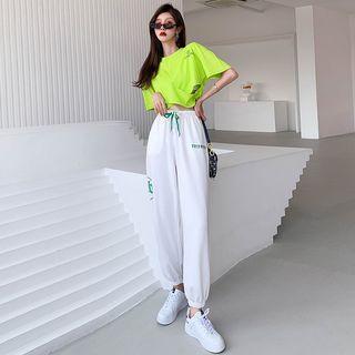 Short-sleeve Lettering Asymmetrical Cropped T-shirt / Harem Pants