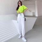 Short-sleeve Lettering Asymmetrical Cropped T-shirt / Harem Pants