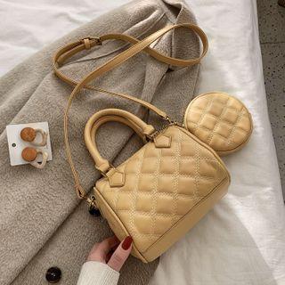 Set: Quilted Faux Leather Crossbody Bag + Round Pouch