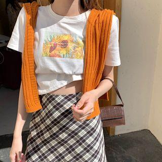 Short-sleeve Flower Print T-shirt / Knit Shawl