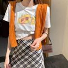 Short-sleeve Flower Print T-shirt / Knit Shawl