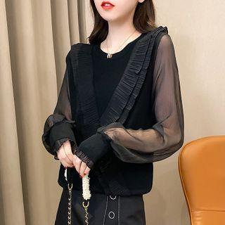 Mesh Sleeve Ruffled Knit Top