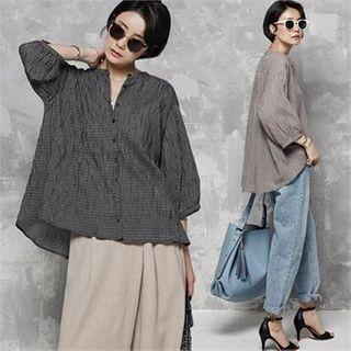 Mandarin-collar Shirred Checked Blouse