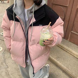 Mock Two-piece Hooded Zip Padded Coat Pink - One Size
