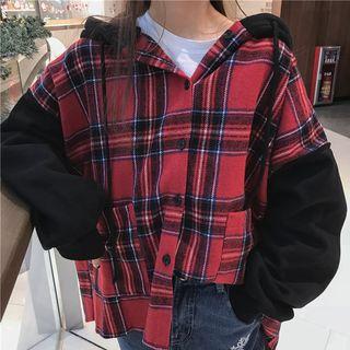 Hooded Plaid Panel Button Jacket