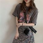 Short-sleeve Lettering T-shirt / Flower Print Maxi A-line Skirt