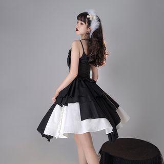 Asymmetrical Spaghetti Strap A-line Lolita Dress / A-line Skirt / Lace-up Belt / Bow / Set