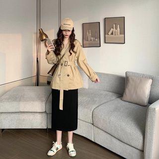 Double Breasted Cropped Trench Coat / Slit Midi Skirt