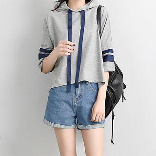Hooded Striped 3/4 Sleeve T-shirt