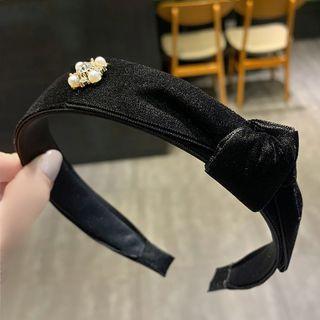 Rhinestone Faux Pearl Bow Headband Black - One Size