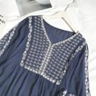 Embroidered V-neck Puff-sleeve Loose-fit Blouse