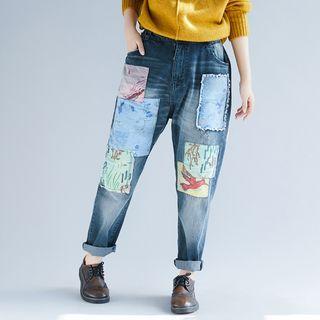 Applique Straight-cut Jeans Blue - One Size