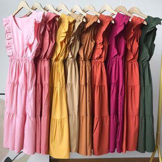 Sleeveless V-neck Ruffle Trim Layered Dress