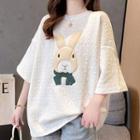Elbow-sleeve Rabbit Embroidered T-shirt