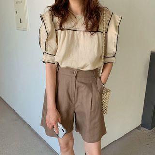 Contrast Trim Short-sleeve Blouse / Wide-leg Shorts