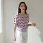 Puff-sleeve Perforated Patterned Cardigan