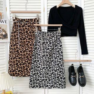 Leopard-print Slited Midi Skirt With Chain-belt