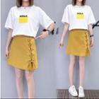 Set: Elbow-sleeve Lettering T-shirt + Lace Up Mini A-line Skirt