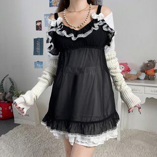 Lace Trim Ruffle Mini Overall Dress