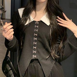 Long-sleeve Contrast Collar Hook-closure Top Black - One Size