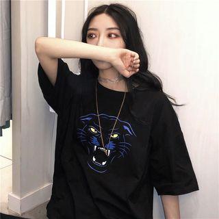 Elbow-sleeve Tiger Print T-shirt Black - One Size