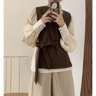 Tie-waist Vest + Long-sleeve Plain Shirt