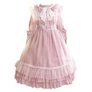 Ruffle Trim 3/4-sleeve Midi A-line Dress / Lace Trim Pinafore Dress / Hairband / Set