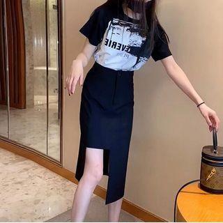 Short-sleeve Lettering T-shirt / Midi Notch Skirt / Set