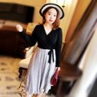 V-neck Long-sleeve Mock Two Piece Dress