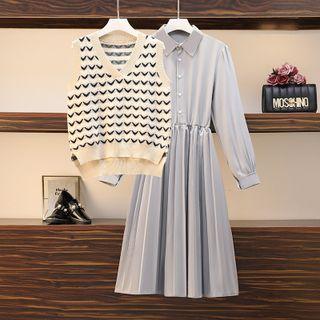 Long-sleeve Shirt Dress / Sweater Vest / Set