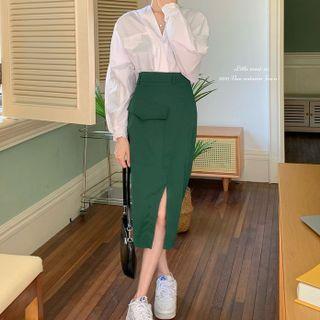 Puff-sleeve Ruffled Blouse / Midi Pencil Skirt
