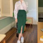 Puff-sleeve Ruffled Blouse / Midi Pencil Skirt