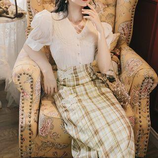 Set: Puff-sleeve Top + Plaid Midi Skirt