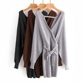 Lantern-sleeve Tie-waist Mini Sweater Dress