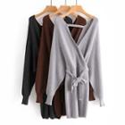 Lantern-sleeve Tie-waist Mini Sweater Dress
