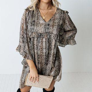 3/4-sleve Print A-line Dress