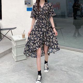 Short-sleeve Floral Printed Asymmetrical Hem Midi Dress