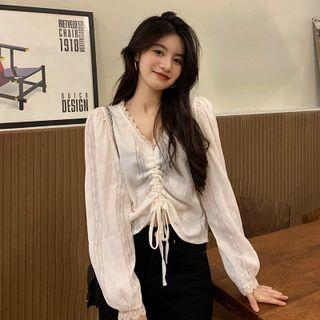 Puff-sleeve Drawstring Lace Trim Blouse Beige - One Size