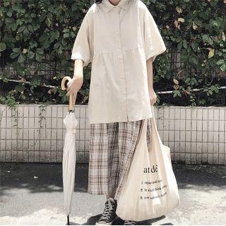 Elbow-sleeve Oversize Shirt / Plaid Midi A-line Skirt